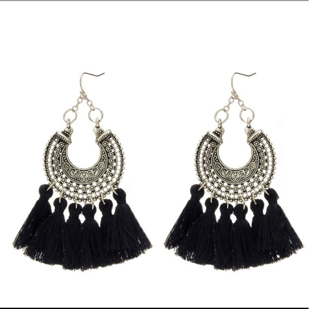 Crescent Silver Black Tassel Earring